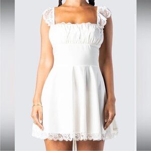 Finesse White Lace Lined Back Lace Up Tie Mini Slip Dress Women’s Size Small